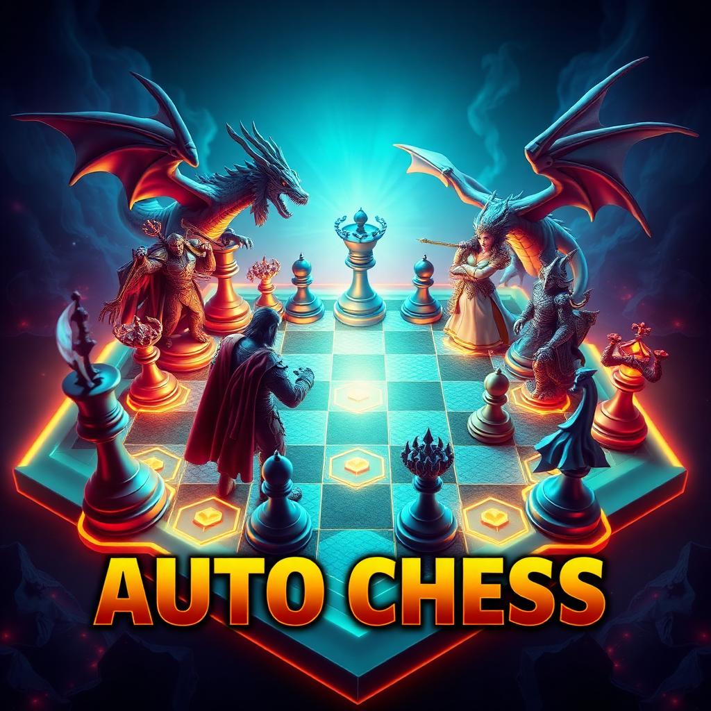 Auto Chess key art — fantasy pieces on glowing hex arena board