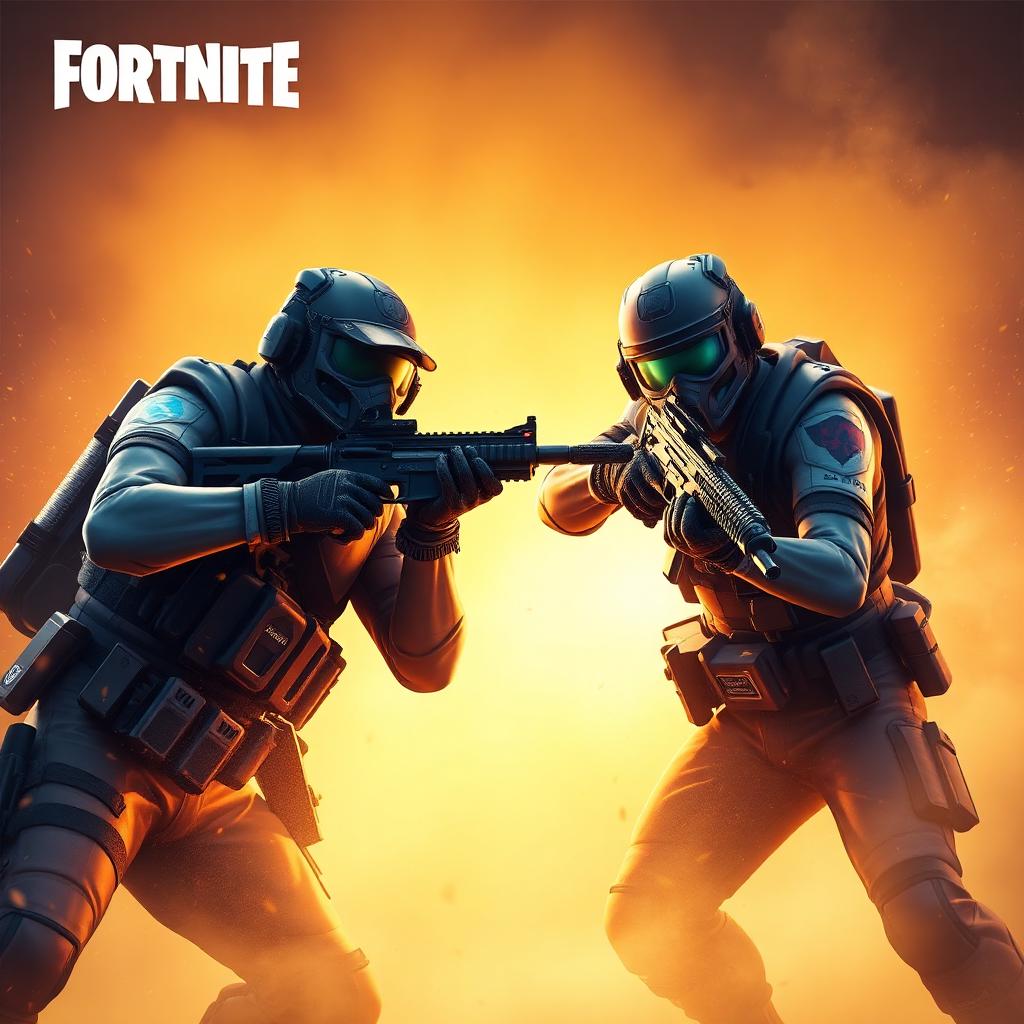 Fortnite Ballistic key art — two operators aiming down sights in dust and sparks