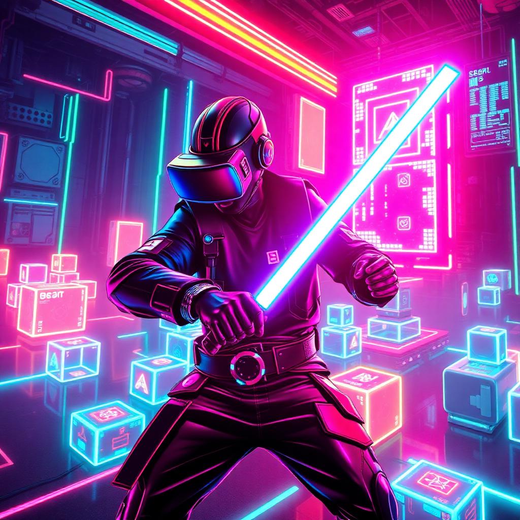 Beat Saber VR key art — player slashing neon blocks with lightsabers