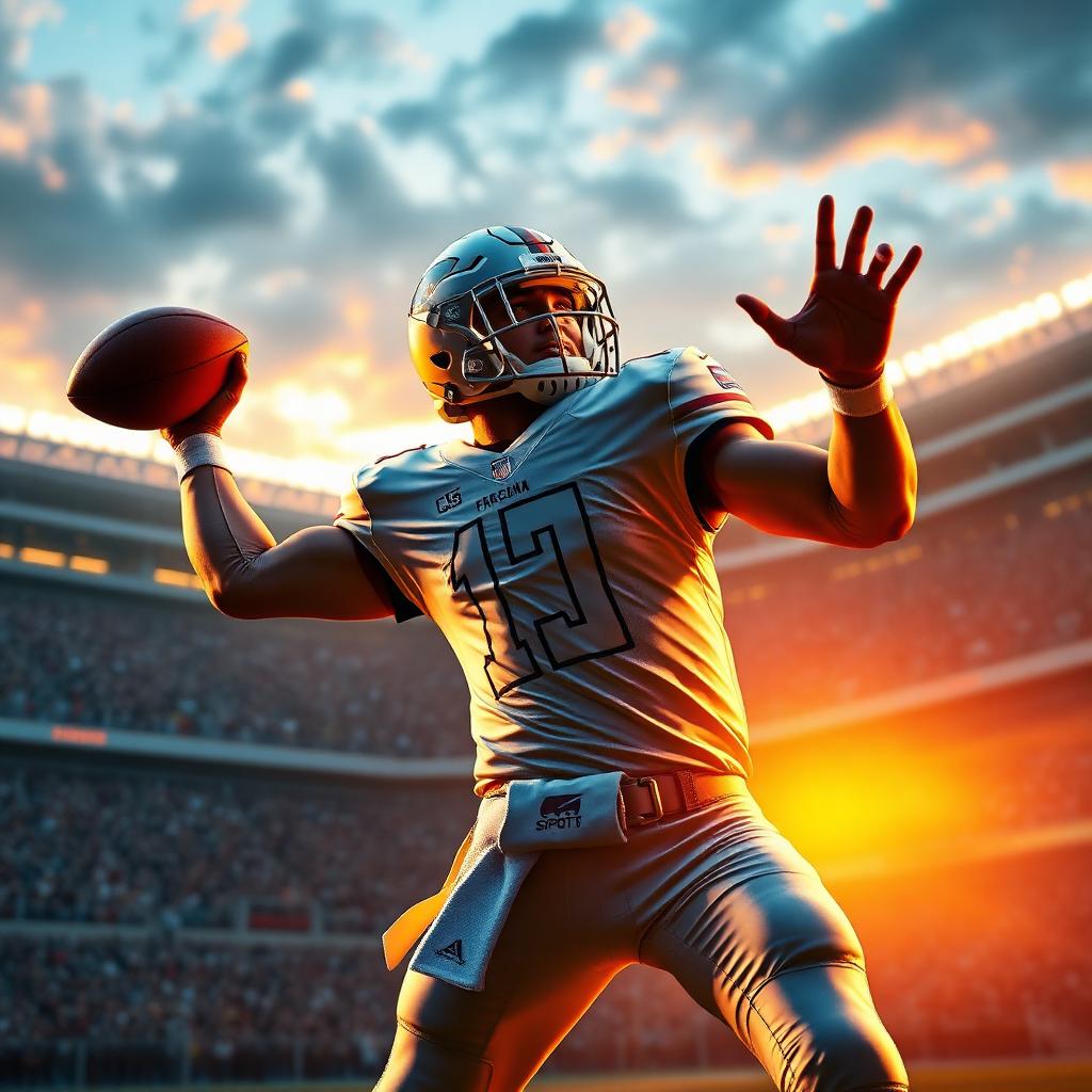 College Football 25 key art — quarterback throwing pass in packed stadium at sunset