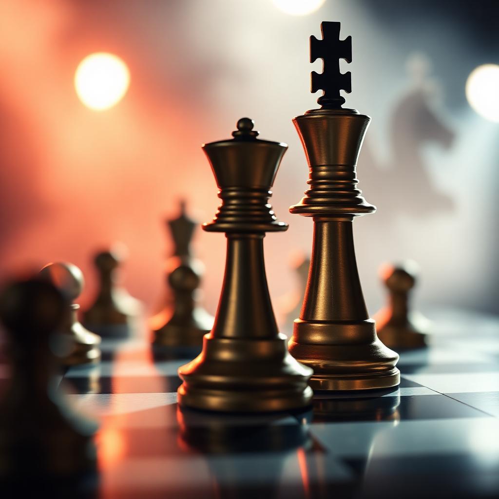 Chess key art — dramatic golden chess king and queen in stage lighting