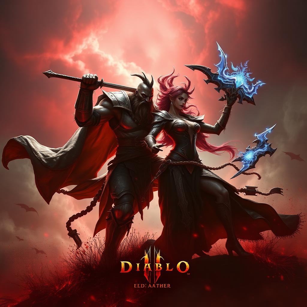 Diablo IV PvP key art — barbarian and sorceress clashing in Fields of Hatred