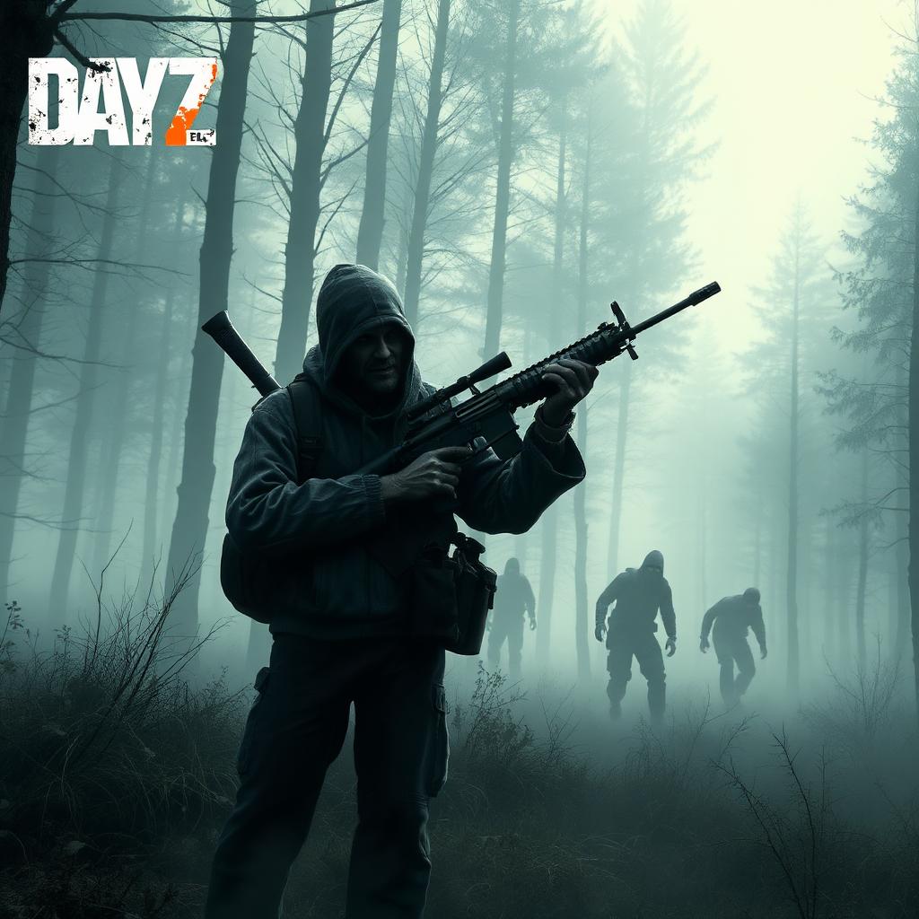 DayZ key art — lone survivor with rifle in foggy zombie forest