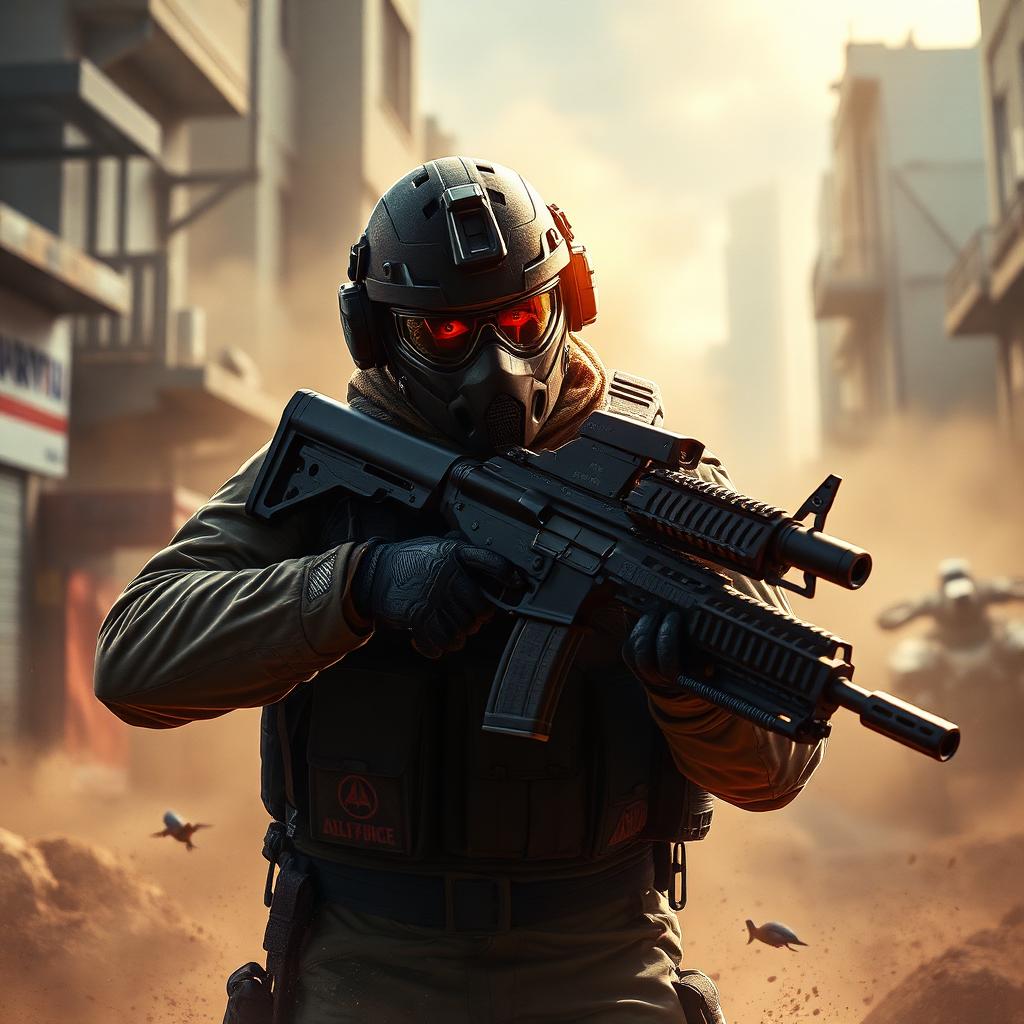Delta Force key art — modern operator with rifle in desert warzone