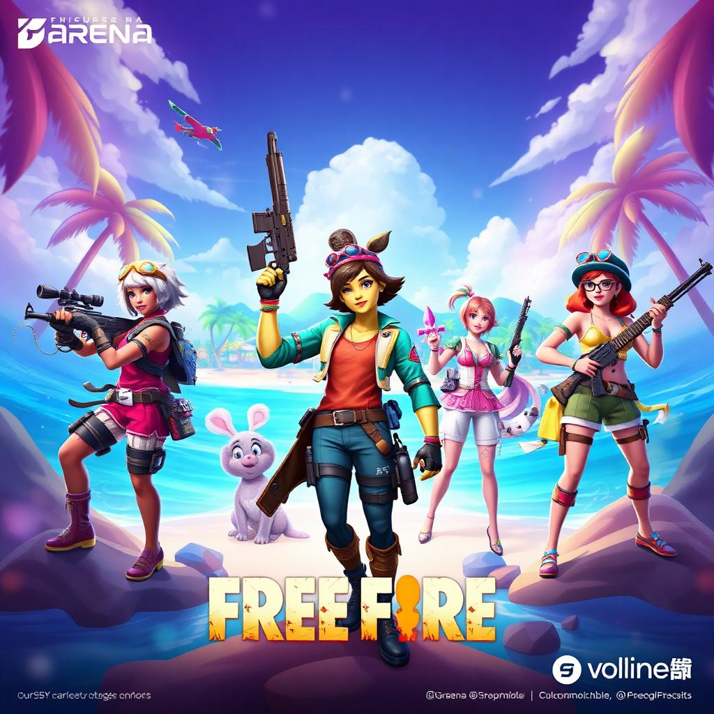Free Fire key art — mobile battle royale characters dropping into war zone
