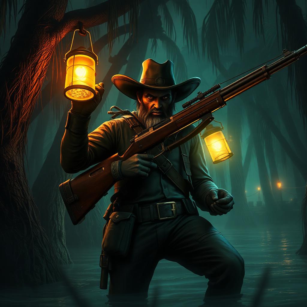 Hunt: Showdown 1896 key art — bounty hunter with lantern in Louisiana bayou