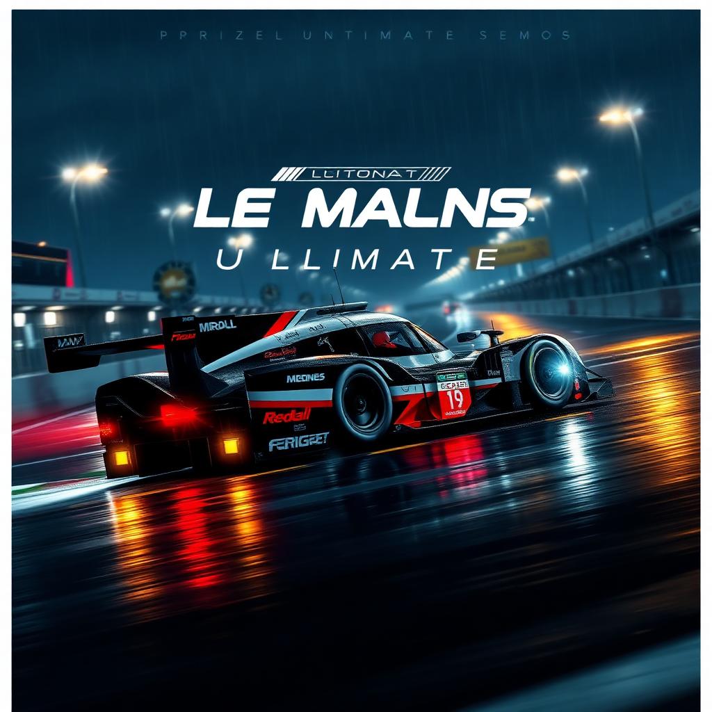 Le Mans Ultimate key art — hypercar prototype on a rainy night track
