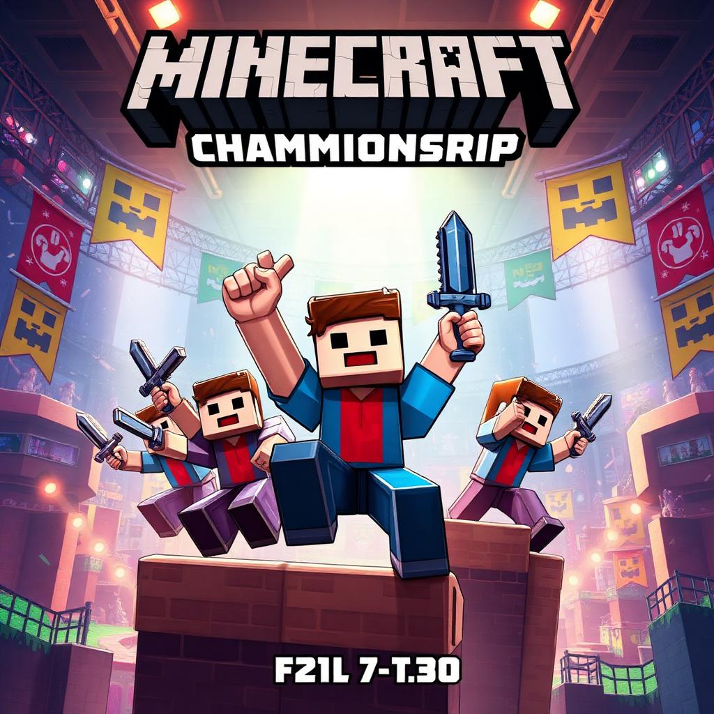 Minecraft Championship key art — voxel steve heroes in team parkour arena