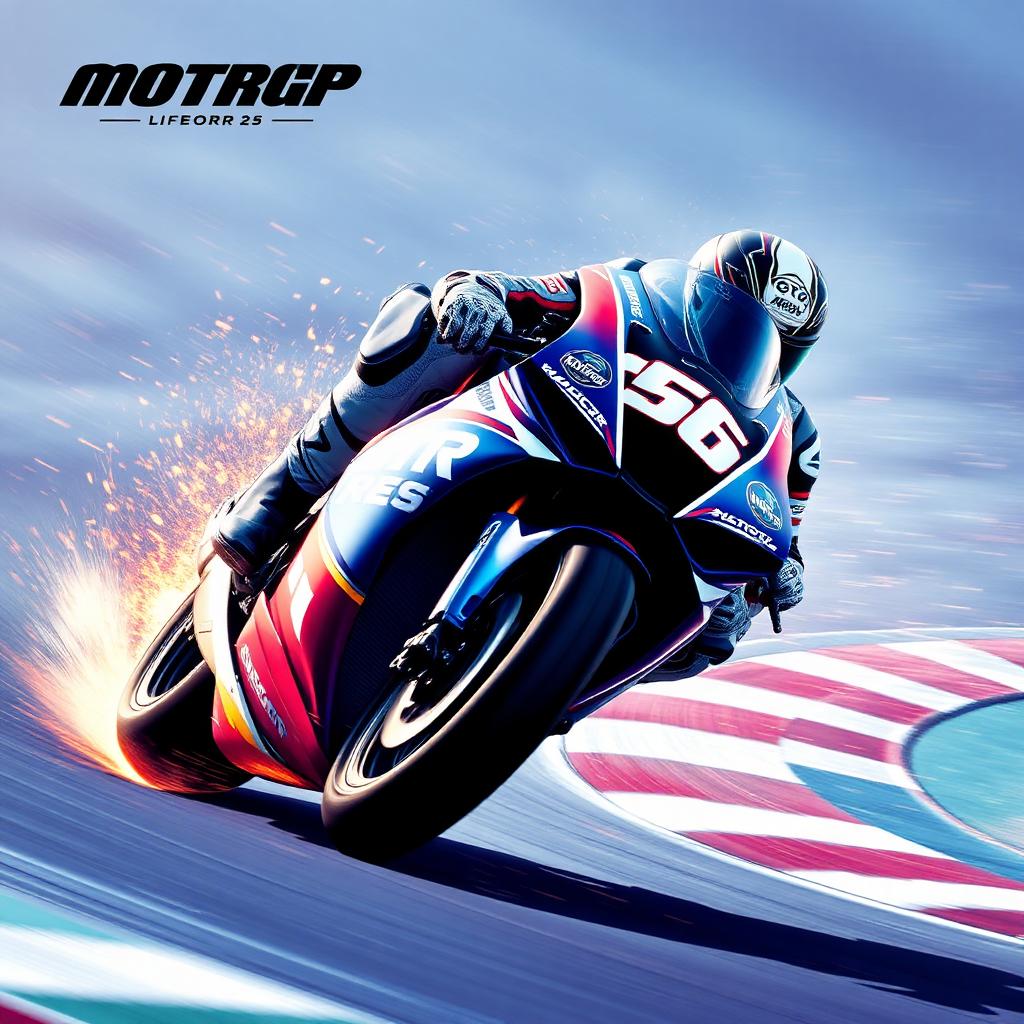 MotoGP 25 key art — MotoGP rider leaning into a corner with sparks
