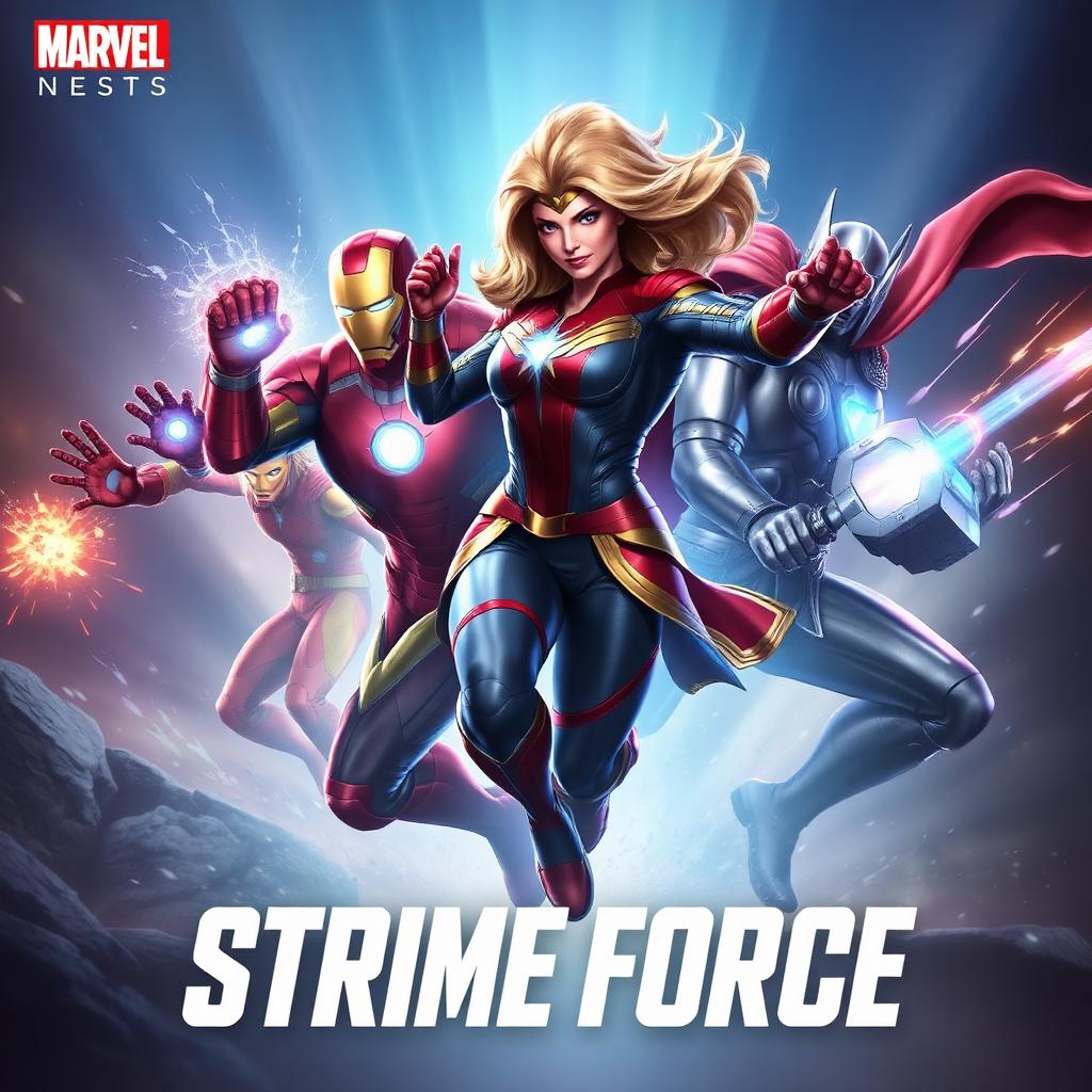 Marvel Strike Force key art — Iron Man, Captain Marvel and Thor charging into battle