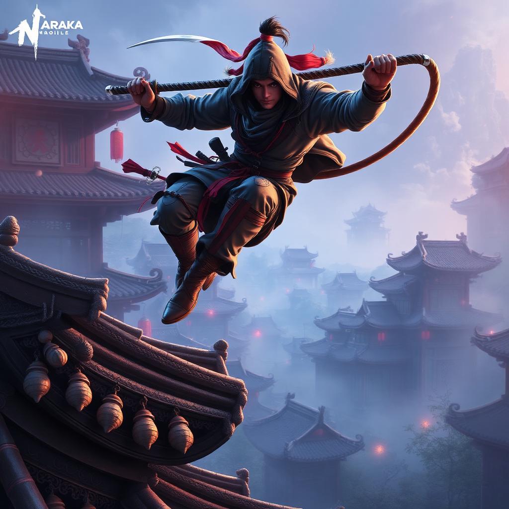 Naraka Bladepoint Mobile key art — martial artist leaping across ancient rooftops with grappling hook
