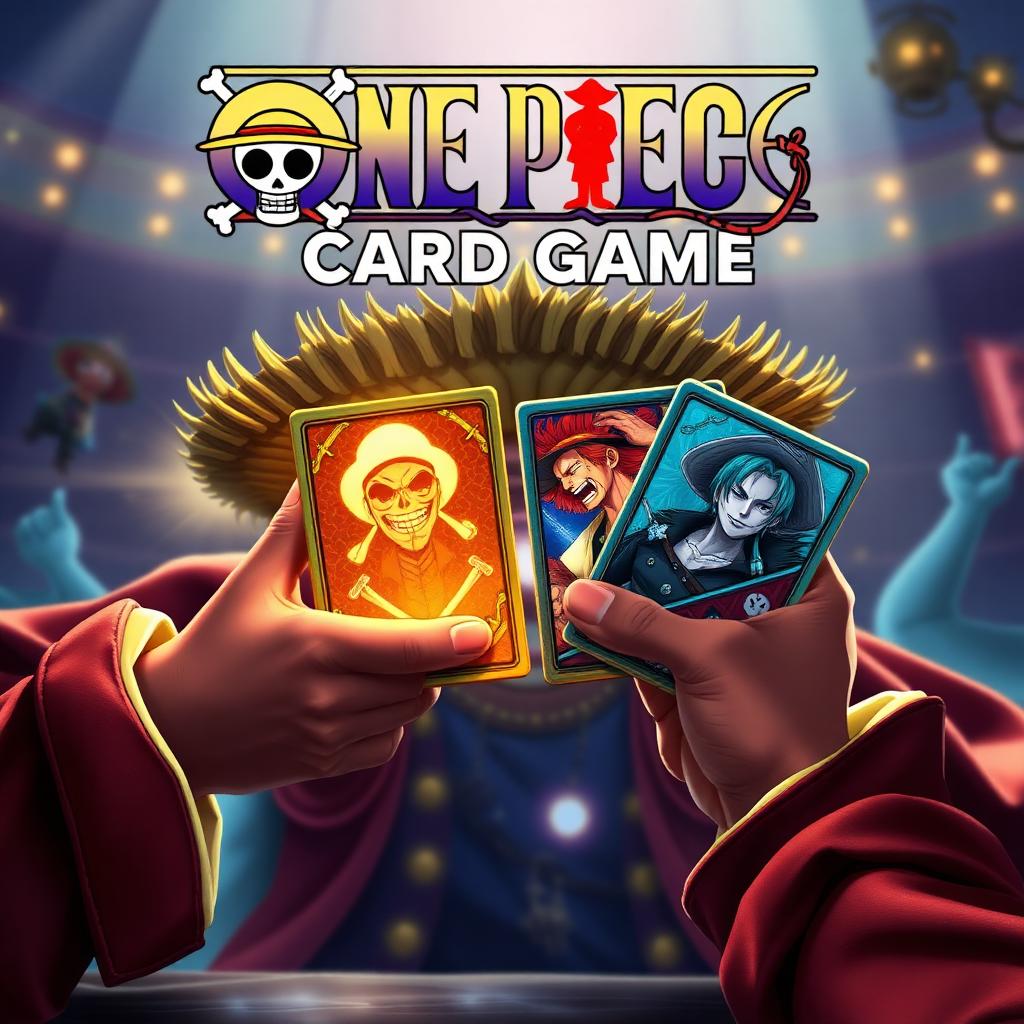 One Piece Card Game key art — anime pirate cards in raised hands