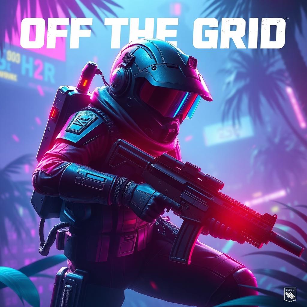 Off The Grid key art — cyberpunk trooper in neon jungle firefight