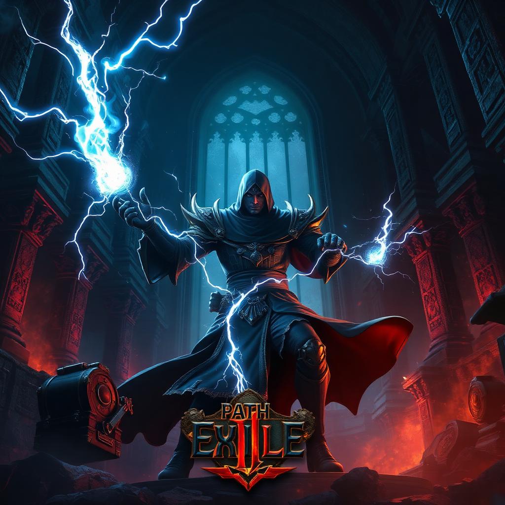 Path of Exile 2 key art — dark fantasy sorcerer channelling lightning in gothic ruins