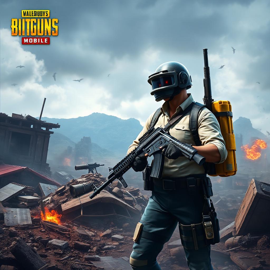 PUBG Mobile key art — mobile soldier with rifle in ruined battlefield