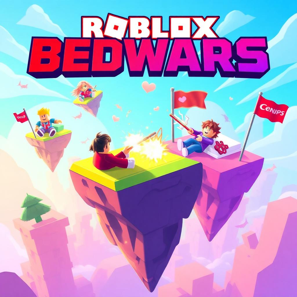 Roblox Bedwars key art — blocky avatars defending floating island beds