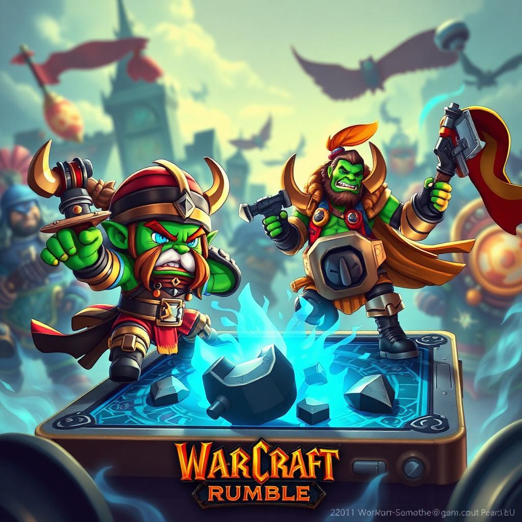 Warcraft Rumble key art — chibi orc and human commanders on tabletop battlefield