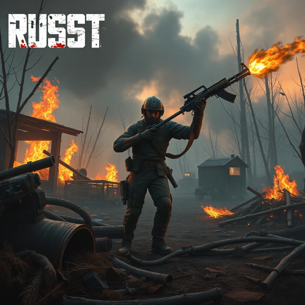 Rust key art — survivor with rifle in post-apocalyptic wasteland