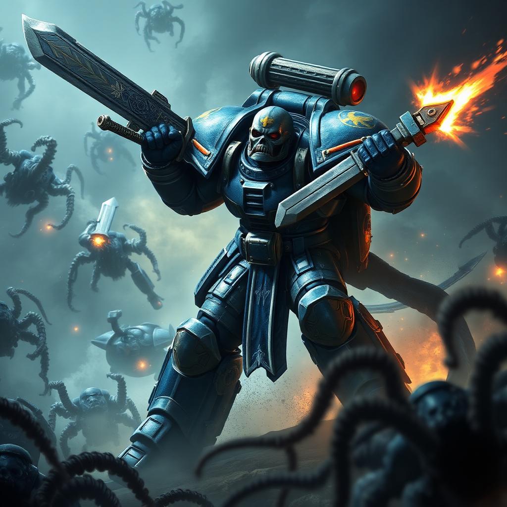 Space Marine 2 key art — Ultramarine wielding chainsword against Tyranid swarm
