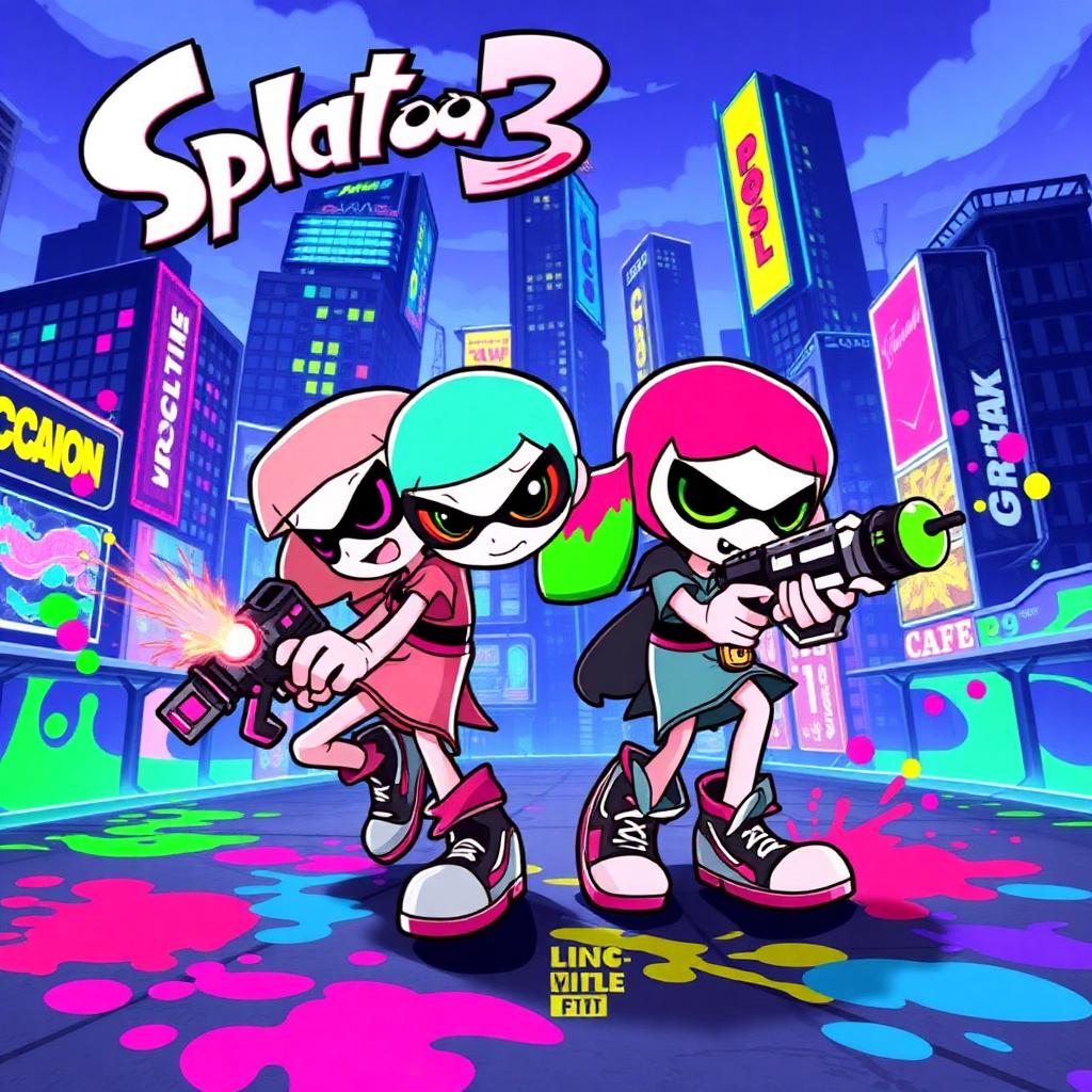 Splatoon 3 key art — inklings splattering neon paint on urban arena