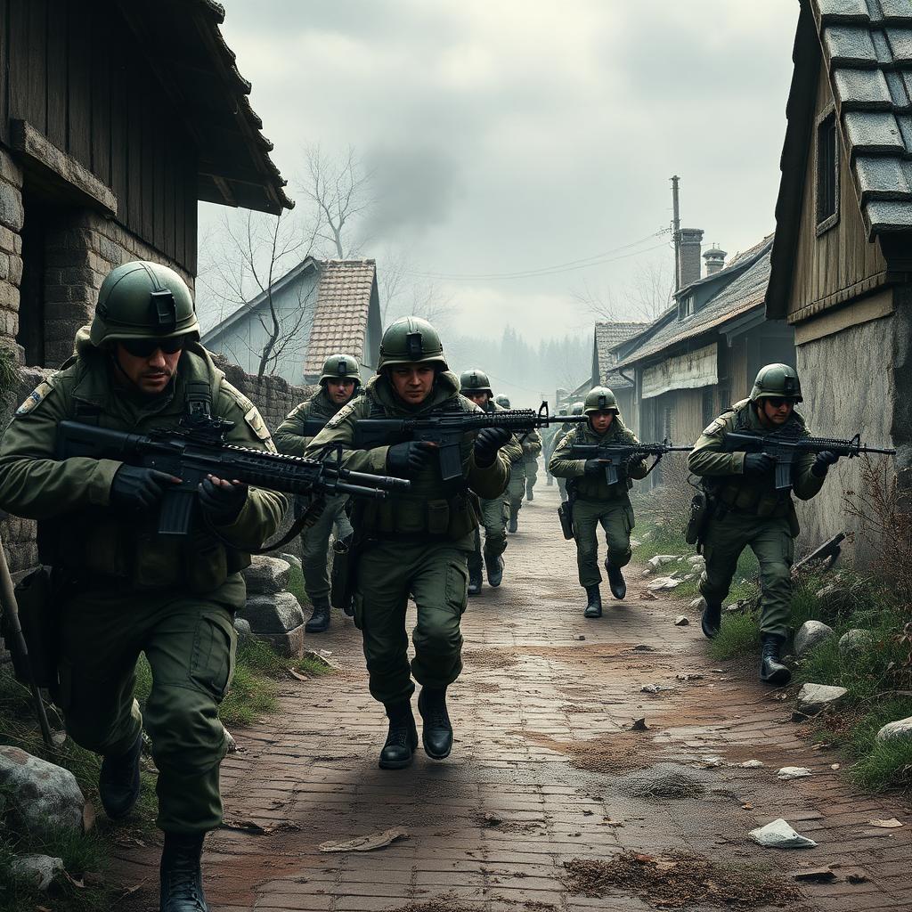 Squad key art — modern infantry advancing across combined-arms battlefield
