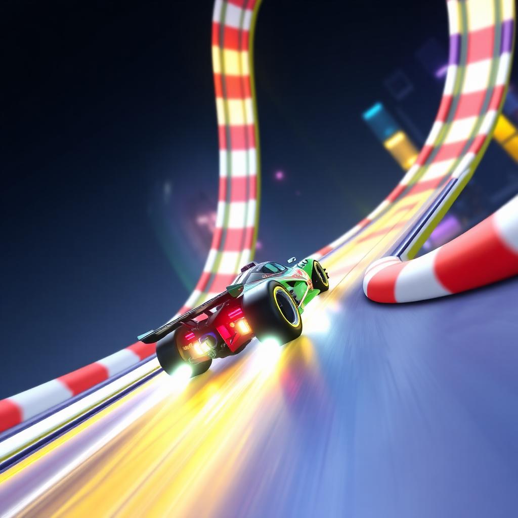 Trackmania key art — futuristic race car flying through loop-de-loop