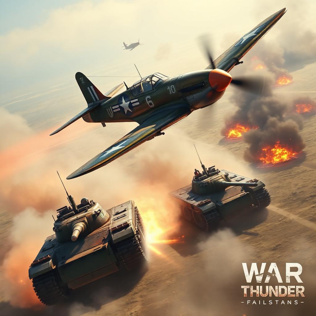 War Thunder key art — WWII fighter plane dogfighting above burning tanks