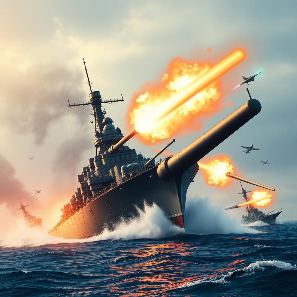 World of Warships key art — WWII battleship firing broadside at enemy fleet