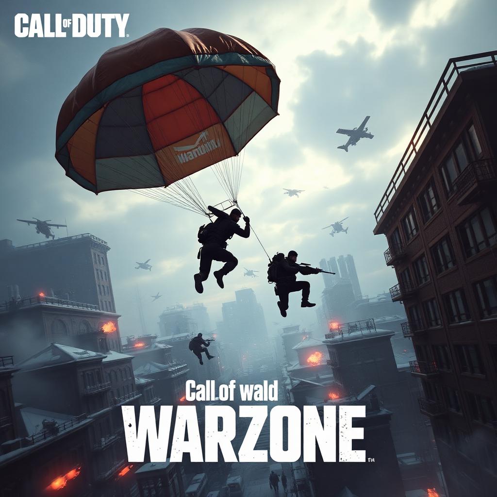 Warzone key art — modern operator parachuting into ruined city