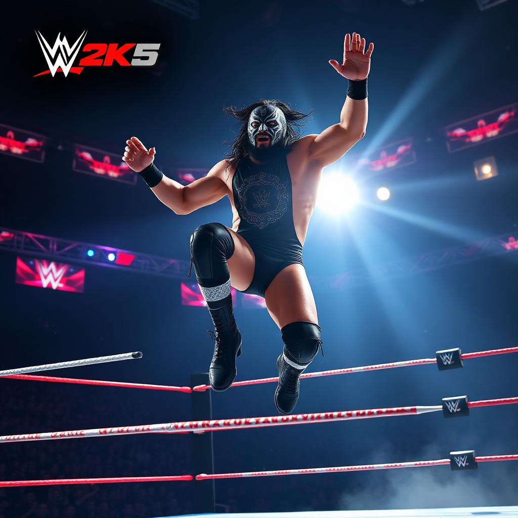 WWE 2K25 key art — masked wrestler mid-jump off top rope in ring